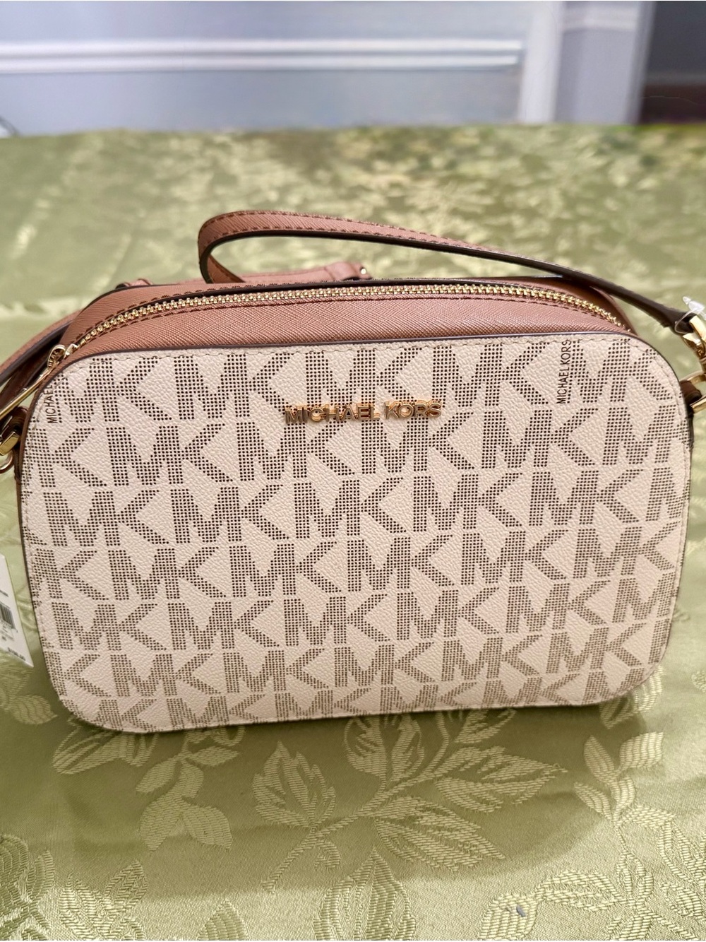 Michael Kors Cream and Brown Signature Dome Crossbody